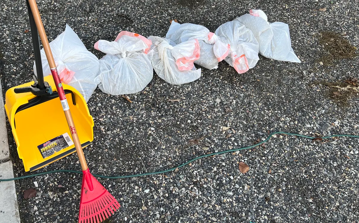 A finished job: yard waste bagged and tied, next to a rake and scooper